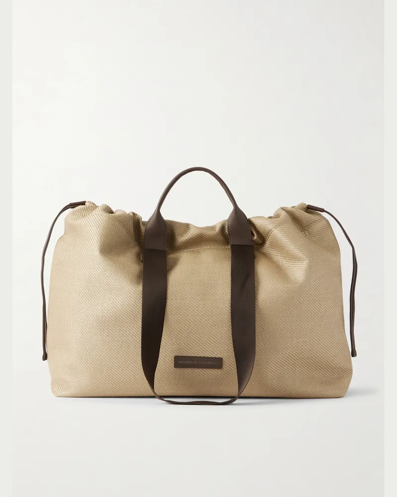 Brunello Cucinelli Leather-Trimmed Raffia Weekend Bag Neutrals