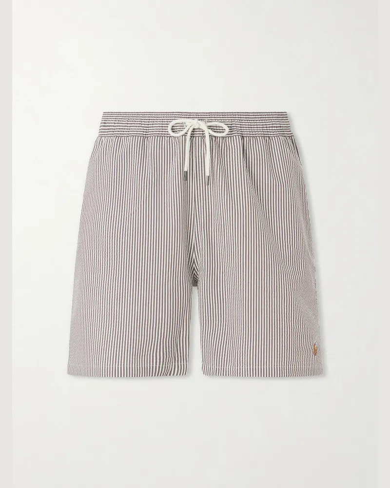 Ralph Lauren Traveler Striped Straight-Leg Mid-Length Cotton-Blend Seersucker Swim Shorts Brown