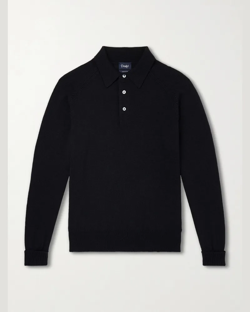 Drake's Knitted Merino Wool Polo Shirt Black
