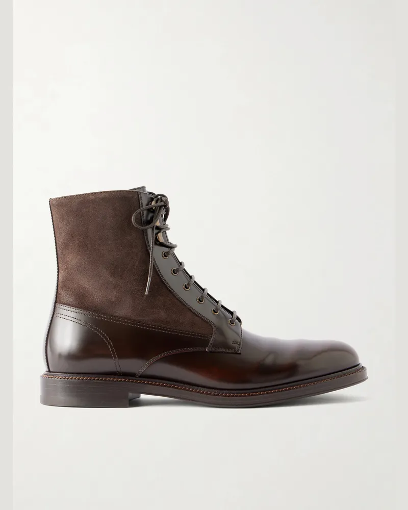 Brunello Cucinelli Suede-Trimmed Leather Lace-Up Derby Boots Brown