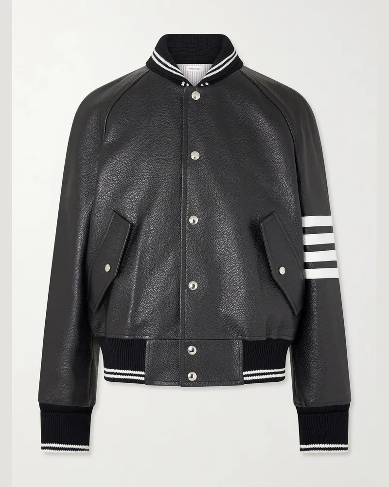 Thom Browne Oversized Striped Leather Bomber Jacket Black