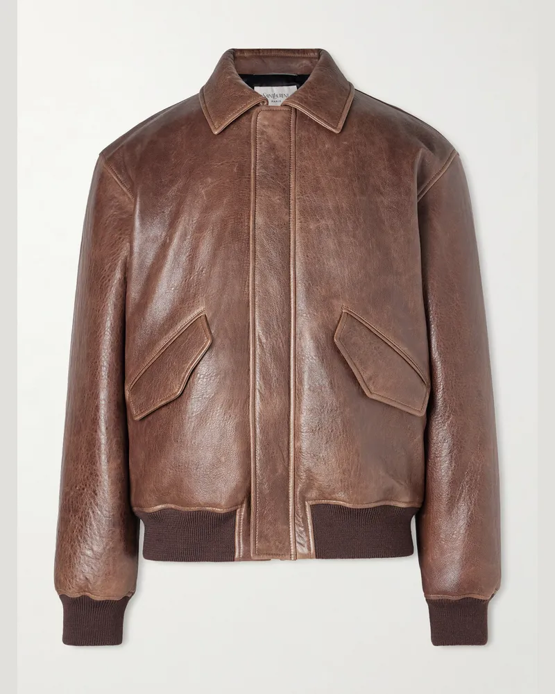 Saint Laurent Leather Bomber Jacket Brown