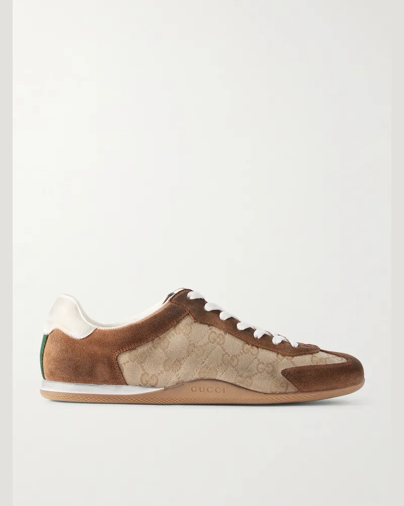 Gucci Rochelle Monogrammed Leather and Suede-Trimmed Canvas Sneakers Neutrals
