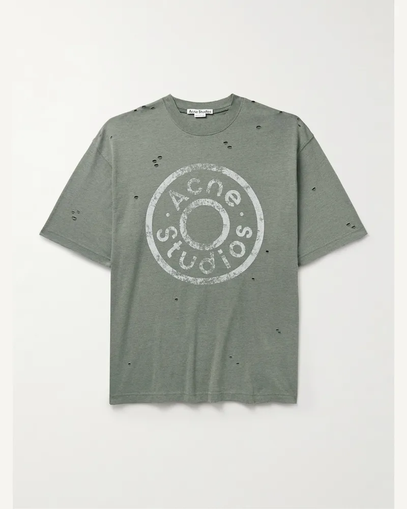 Acne Studios Exford Distressed Logo-Print Cotton-Blend Jersey T-Shirt Green