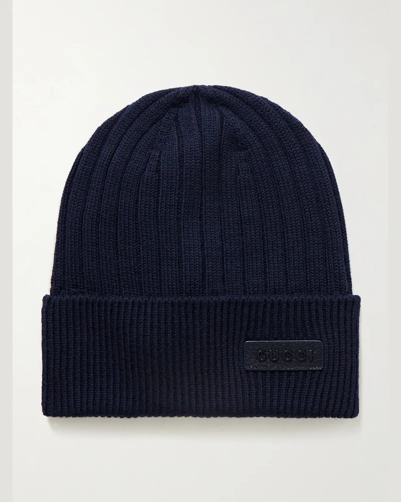 Gucci Logo-Appliquéd Ribbed Wool Beanie Blue
