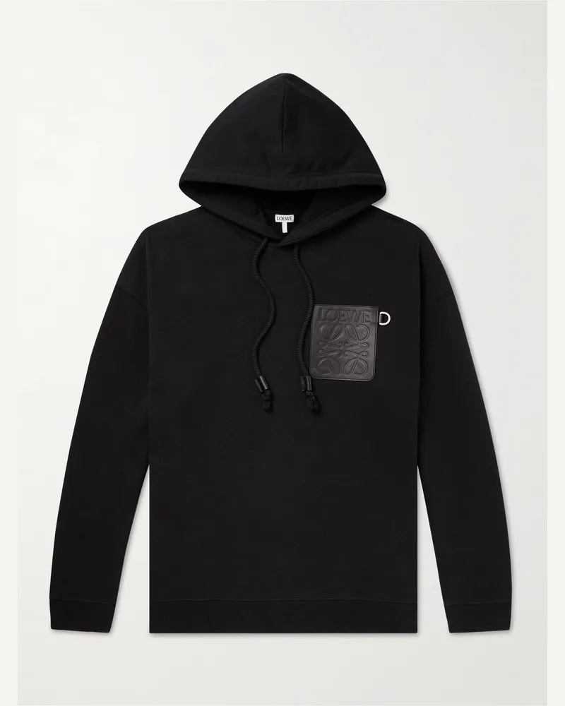Loewe Hoodie aus Baumwoll-Jersey mit Lederbesatz und Logoprägung Schwarz