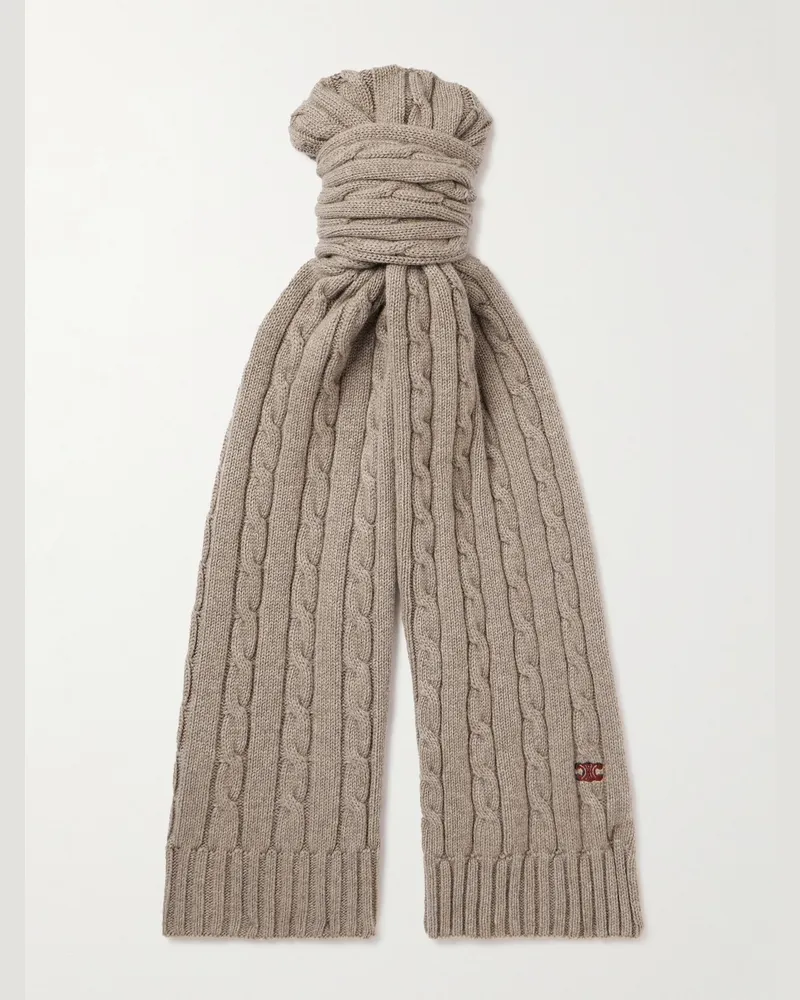 Celine Logo-Embroidered Cable-Knit Cashmere Scarf Neutrals