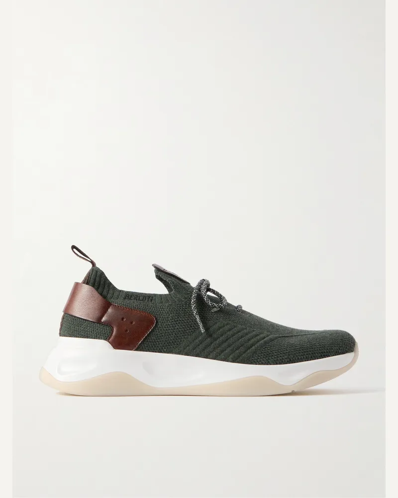Berluti Shadow Sneakers aus Stretch-Strick mit Lederbesatz Grün