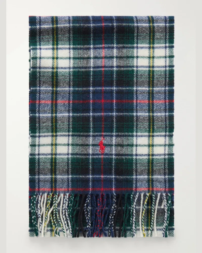 Ralph Lauren Fringed Logo-Embroidered Recycled Checked Wool-Blend Scarf Blue