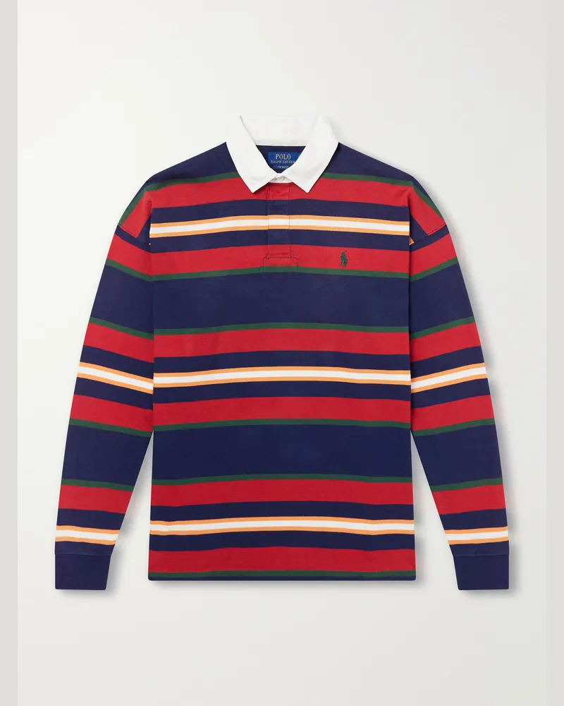 Ralph Lauren Logo-Embroidered Striped Cotton-Jersey Polo Shirt Blue