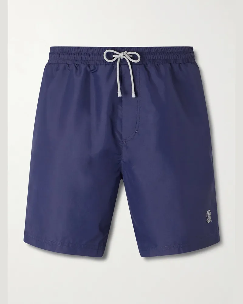 Brunello Cucinelli Straight-Leg Mid-Length Logo-Embroidered Swim Shorts Blue