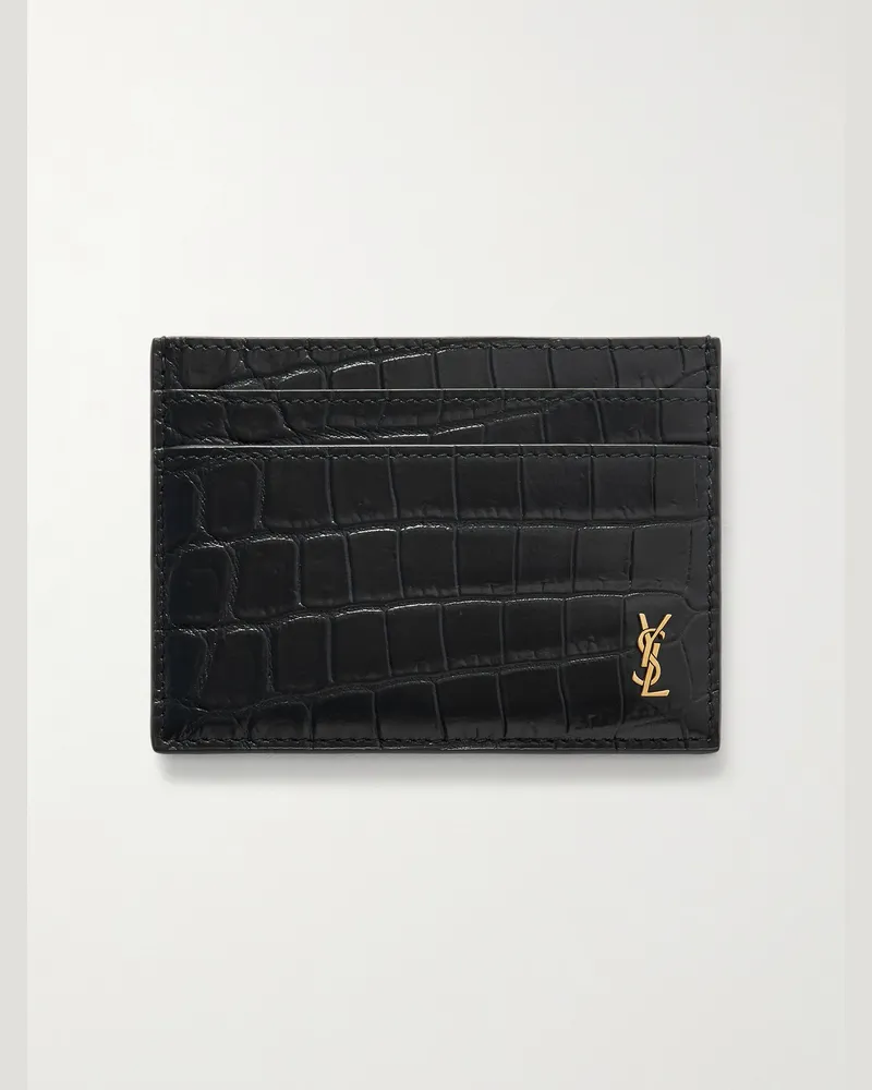 Saint Laurent Kartenetui aus Lackleder mit Krokodileffekt und Logoverzierung Schwarz