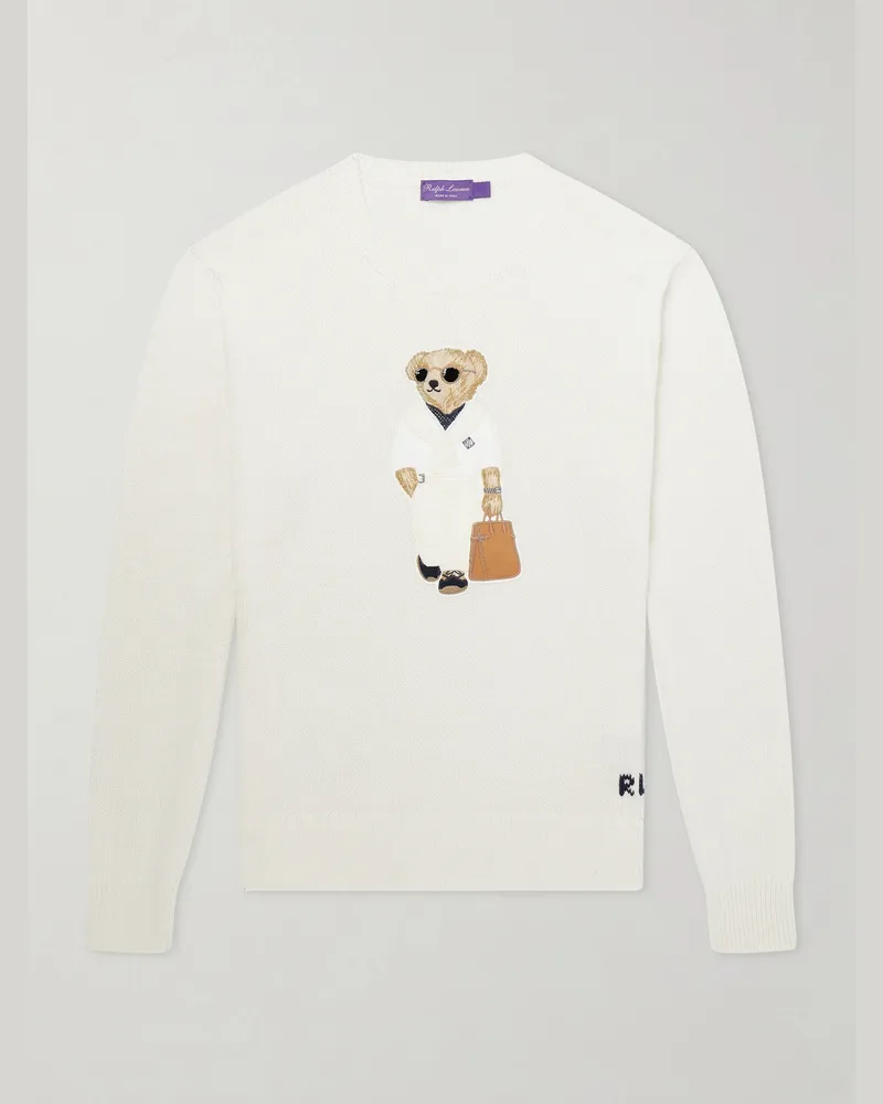 Ralph Lauren Polo Bear Logo-Appliquéd Leather-Trimmed Knitted Silk and Linen-Blend Sweater Neutrals