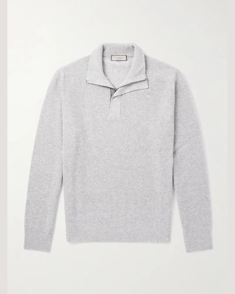 Canali Slim-Fit Suede-Trimmed Ribbed Wool and Cashmere-Blend Half-Zip Sweater Gray