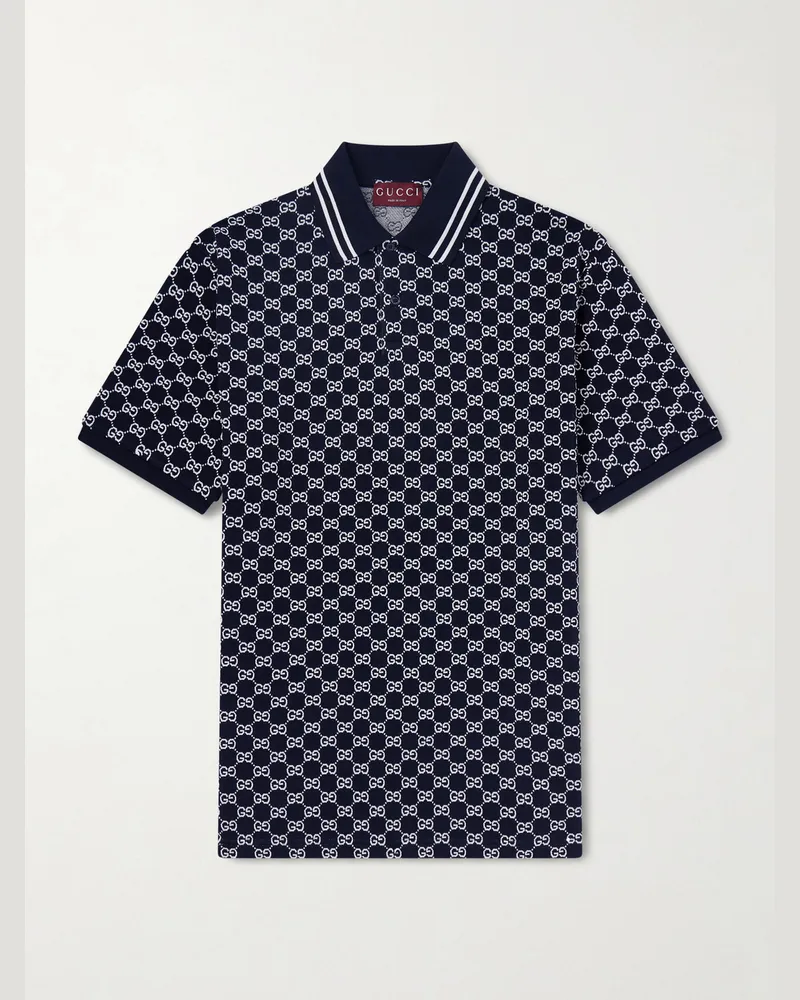Gucci Logo-Jacquard Cotton-Piqué Polo Shirt Blue