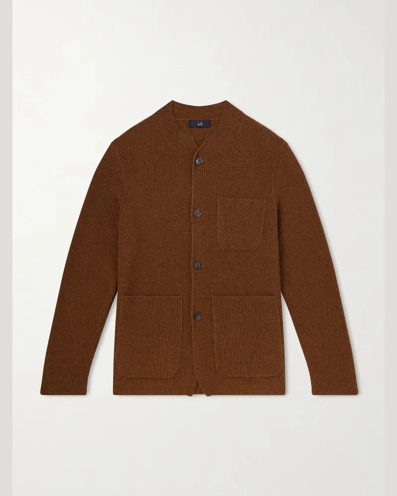 Dunhill Ribbed Camel Wool, Wool and Cashmere-Blend Cardigan Brown