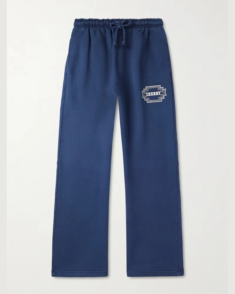 Cherry Los Angeles Navajo Straight-Leg Logo-Embroidered Cotton-Jersey Sweatpants Blue