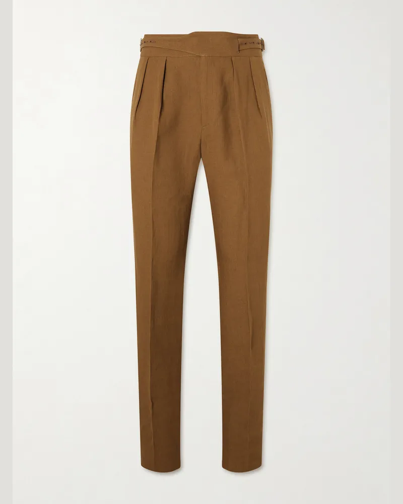 Rubinacci Manny Straight-Leg Pleated Linen Trousers Brown
