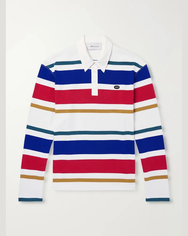 AMI Paris Logo-Appliqué Striped Cotton-Jersey Polo Shirt Blue