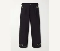 Lucky Draw Straight-Leg Pleated Embroidered Cotton-Twill Trousers