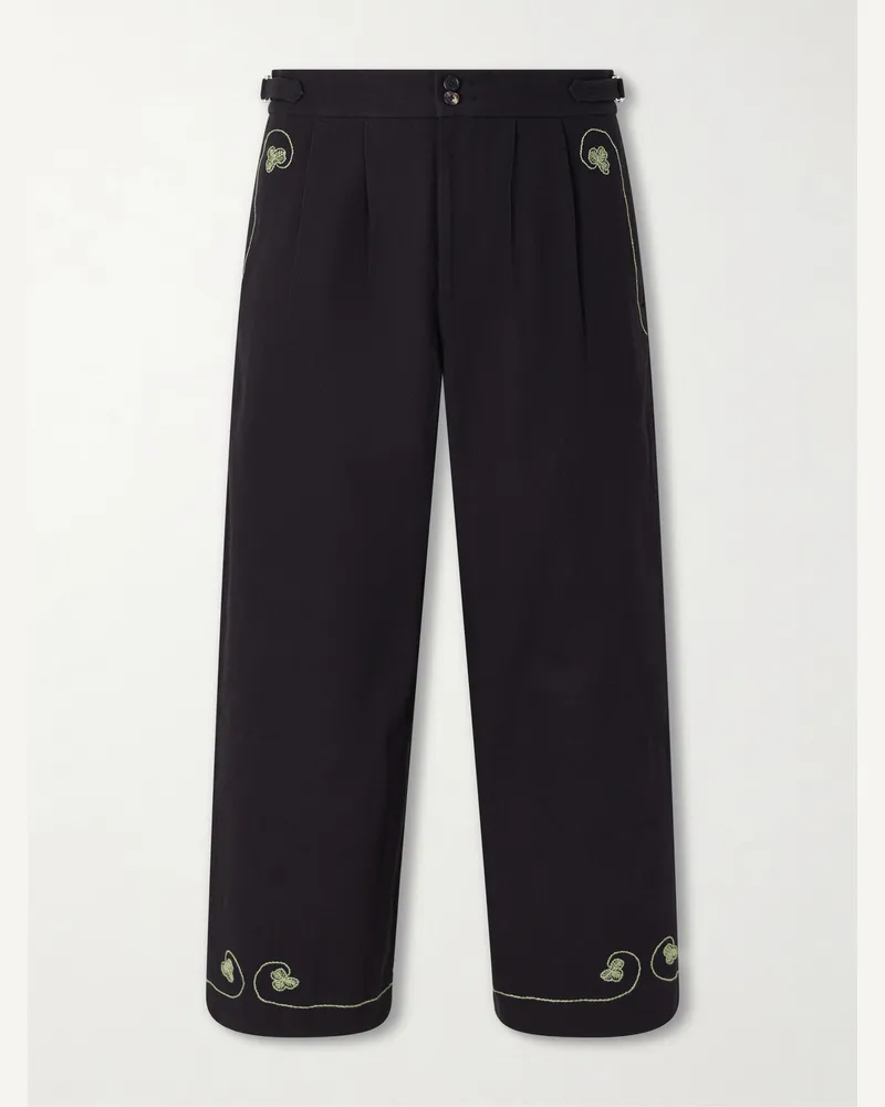 BODE Lucky Draw Straight-Leg Pleated Embroidered Cotton-Twill Trousers Black