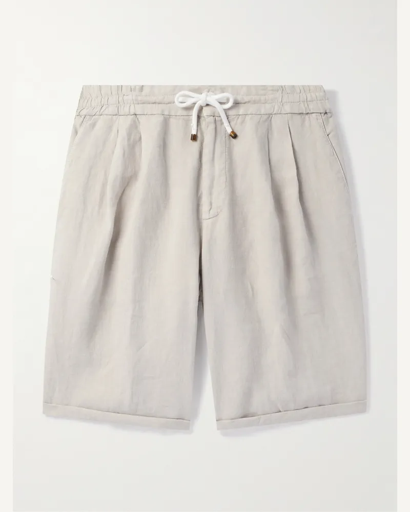 Brunello Cucinelli Gerade geschnittene Bermudashorts aus Leinen mit Bundfalten und Kordelzugbund Neutral