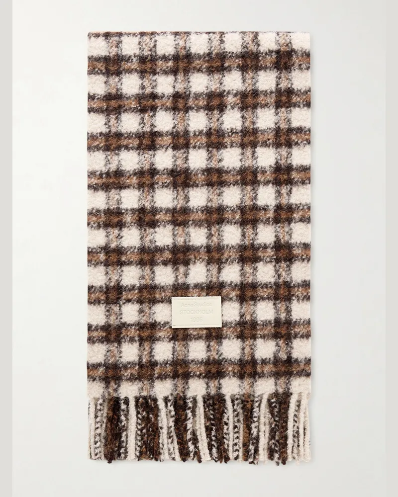 Acne Studios Strickschal mit Lederbesatz, Logoapplikation und Fransen Braun