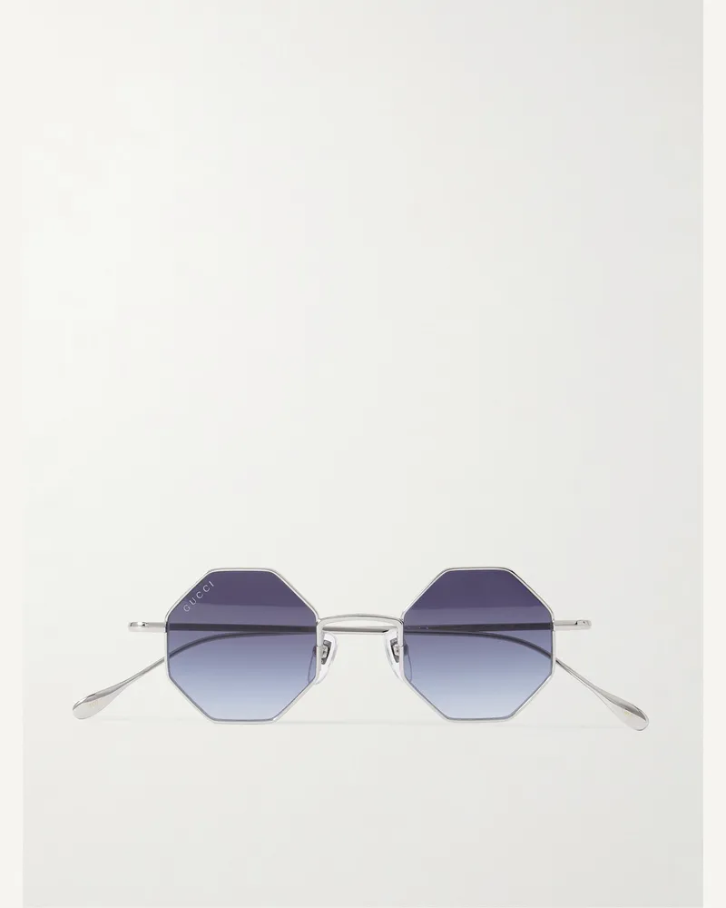 Gucci Silberfarbene Sonnenbrille mit achteckigem Rahmen Silber