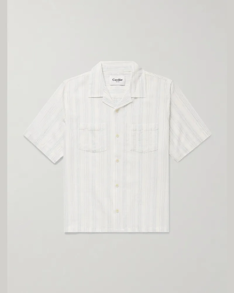 Corridor Skip Camp-Collar Striped Cotton-Gauze Shirt White