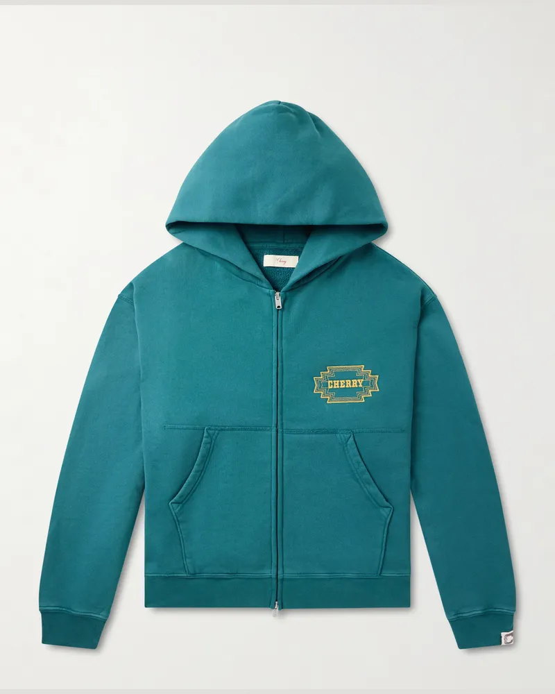 Cherry Los Angeles Navajo Logo-Embroidered Cotton-Jersey Zip-Up Hoodie Green