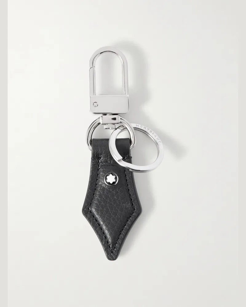 Montblanc Silberfarbener Schlüsselanhänger mit Detail aus vollnarbigem Leder Schwarz