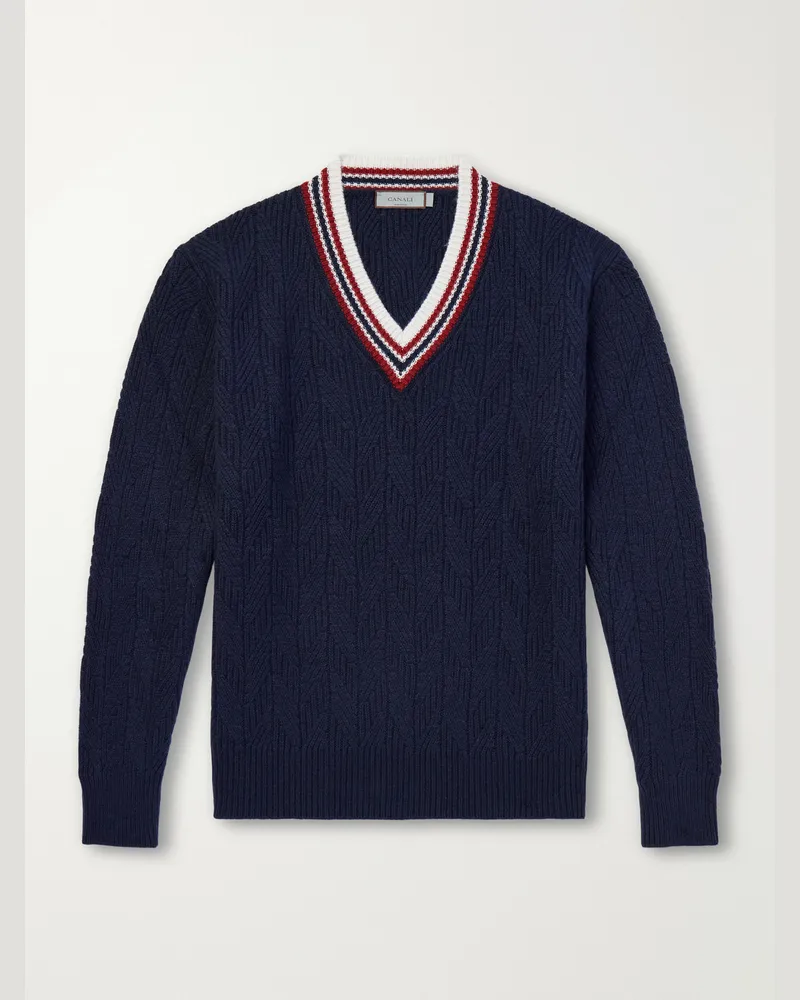 Canali Herringbone Wool and Cashmere-Blend Sweater Blue