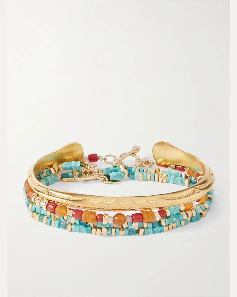 Peyote Bird Set aus drei Armbändern mit mehreren Steinen und vergoldeten Details Gold