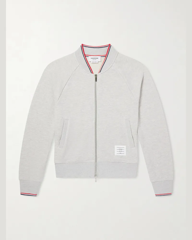 Thom Browne Bomberjacke aus Baumwoll-Piqué mit Logoapplikation und Streifen Grau