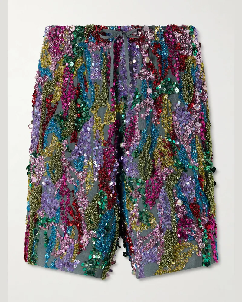Dries van Noten Straight-Leg Sequined Crepe de Chine Shorts Multi