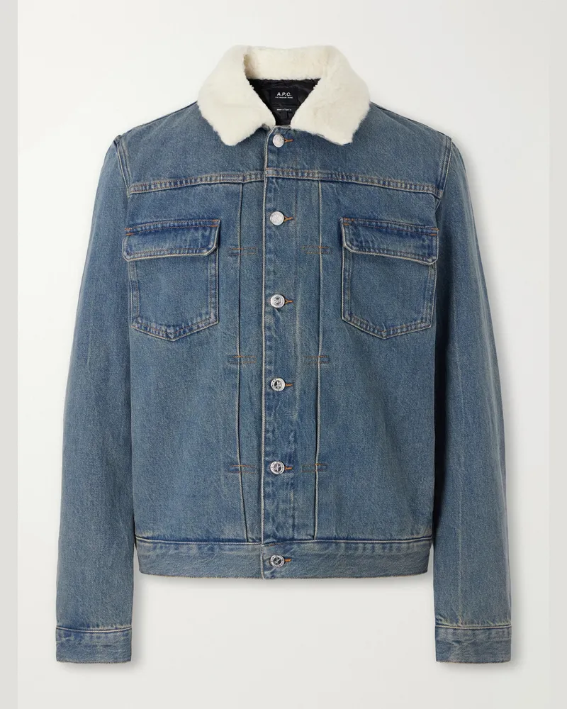 A.P.C. Justin Pleated Wool-Trimmed Denim Jacket Blue