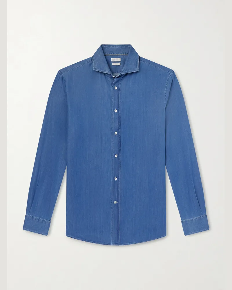 Brunello Cucinelli Cutaway-Collar Linen Shirt Blue
