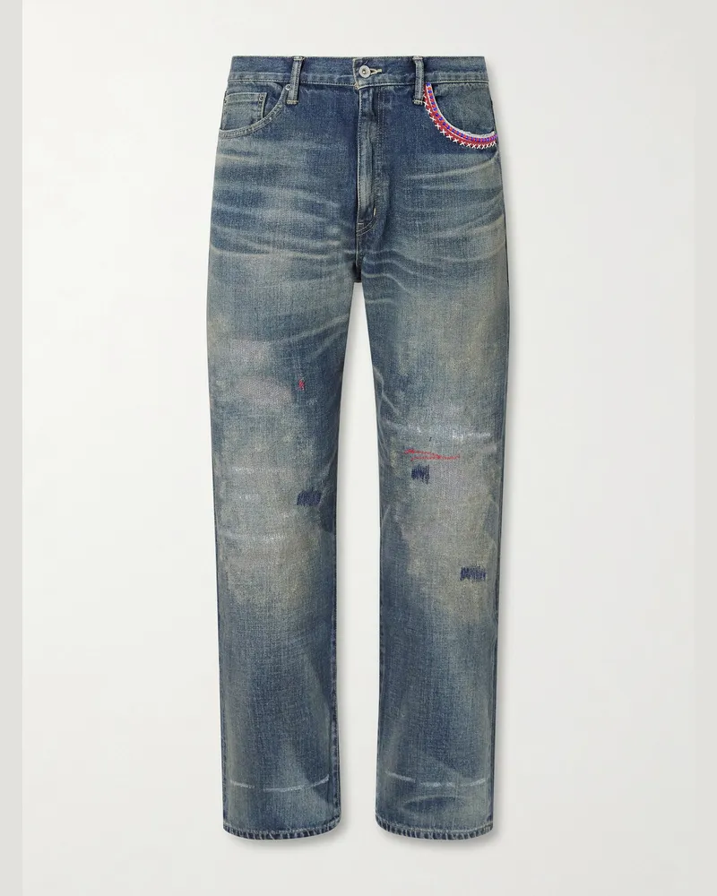 Neighborhood Savage Straight-Leg Bead-Embellished Distressed Jeans Blue