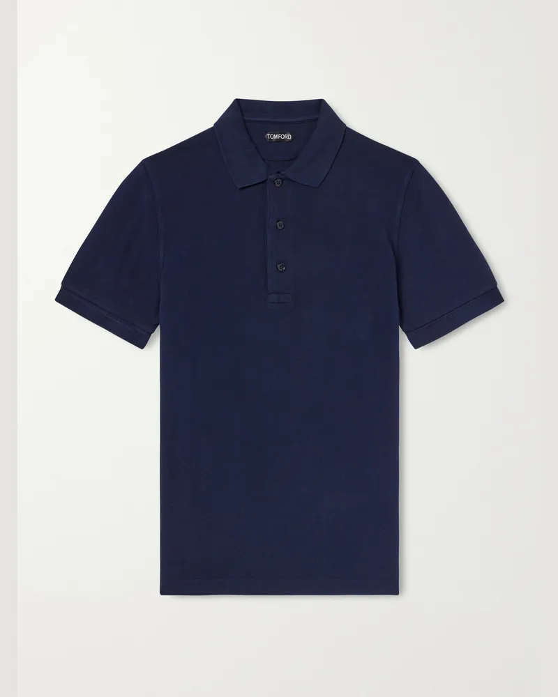 Tom Ford Slim-Fit Lyocell and Cotton-Blend Piqué Polo Shirt Blue