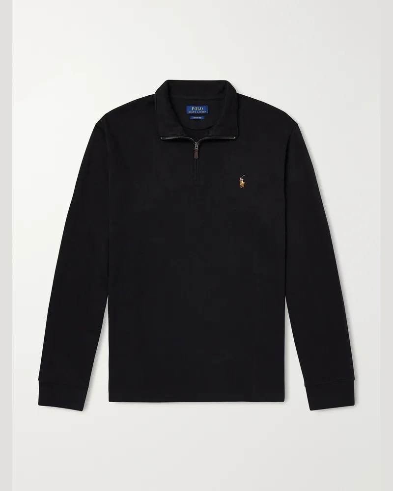 Ralph Lauren Logo-Embroidered Ribbed Cotton Half-Zip Sweater Black