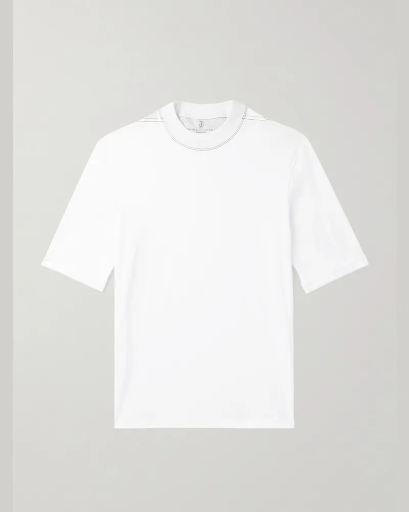 Brunello Cucinelli T-Shirt aus Baumwoll-Jersey mit Stehkragen Weiß