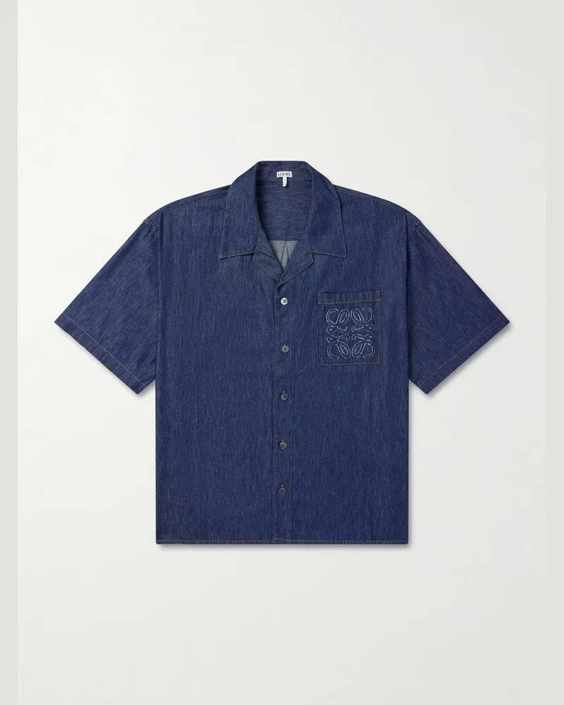 Loewe Camp-Collar Anagram-Detail Denim Shirt Blue