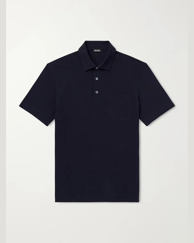 Ermenegildo Zegna Leather-Trimmed Cotton-Piqué Polo Shirt Blue