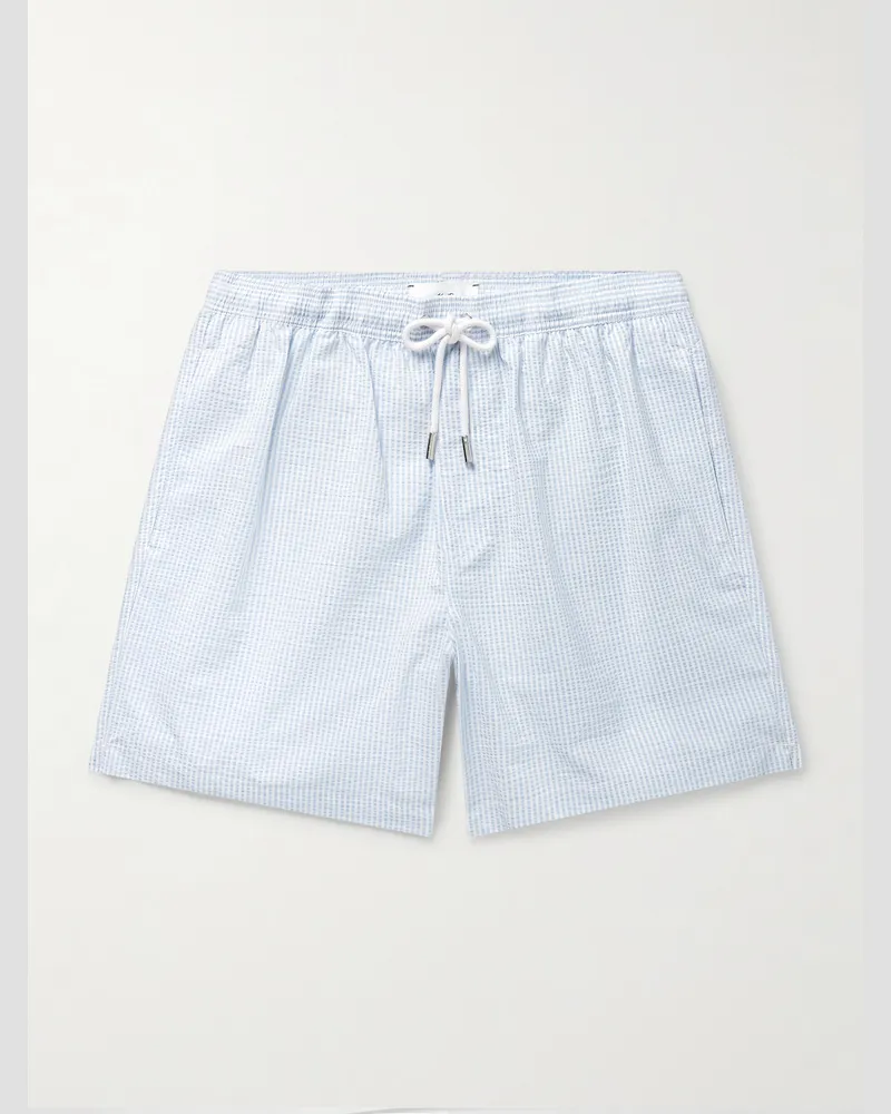 MR P. Straight-Leg Mid-Length Striped Seersucker Swim Shorts Blue