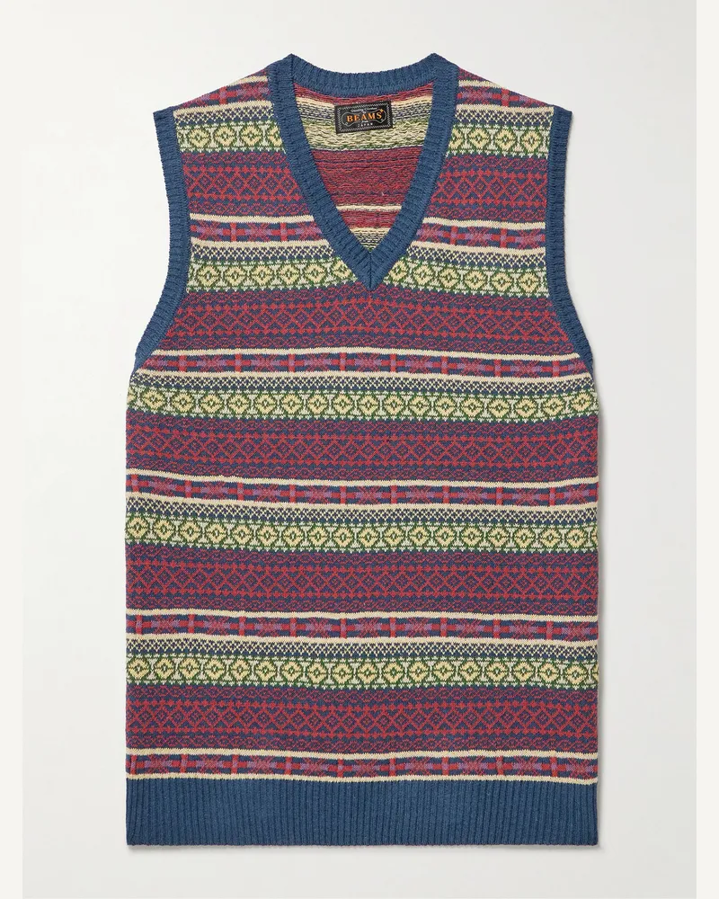 Beams Plus Ärmelloser Pullover aus einer Leinen-Baumwollmischung mit Fair-Isle-Muster Blau