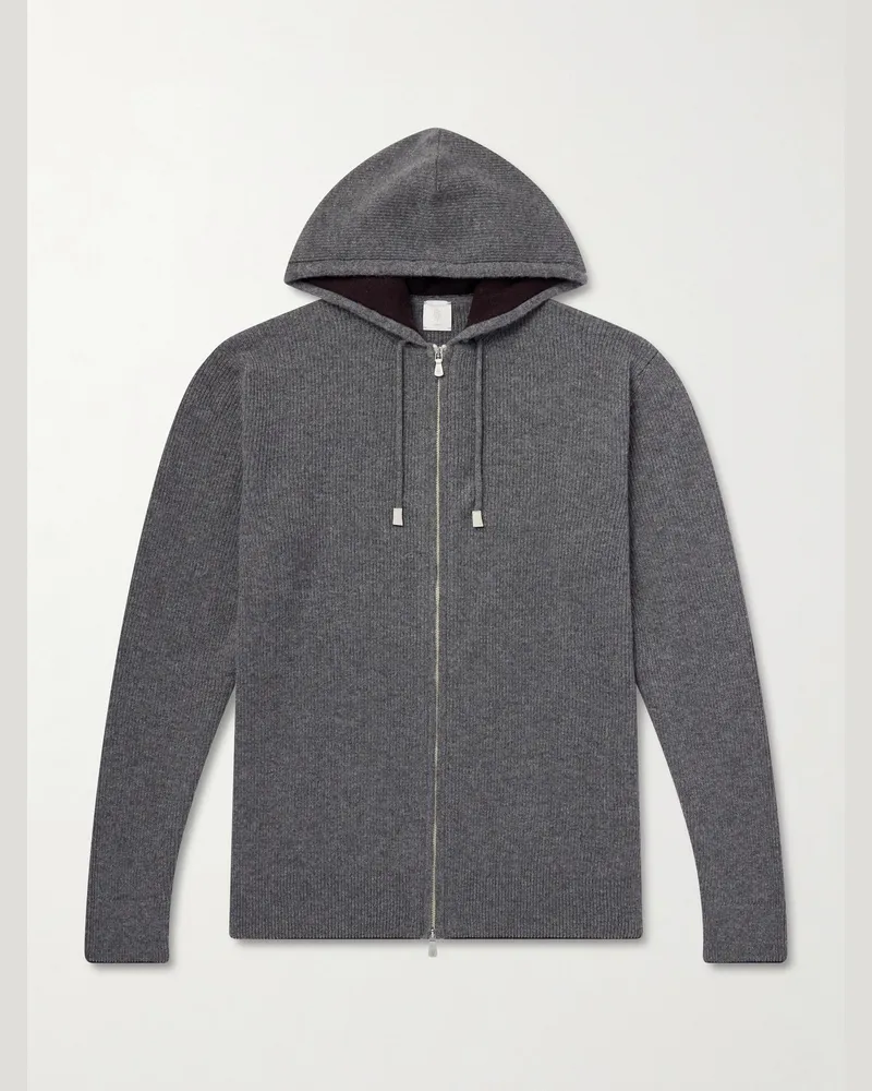 Eleventy Ribbed Cashmere Zip-Up Hoodie Gray