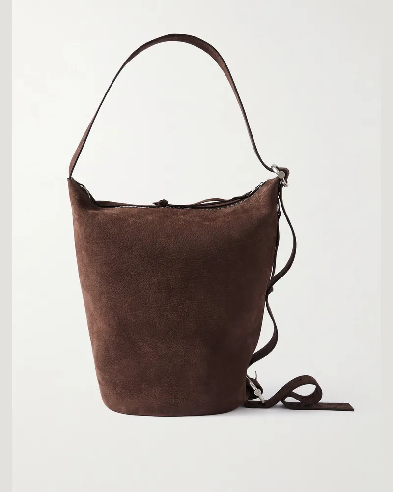 Loewe Loop Medium Logo-Debossed Nubuck Bucket Bag Brown