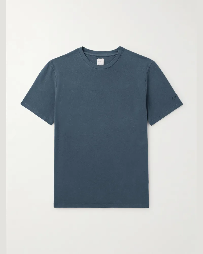 Paul Smith T-Shirt aus Piqué aus einer Baumwoll-Leinenmischung mit Logostickerei Blau