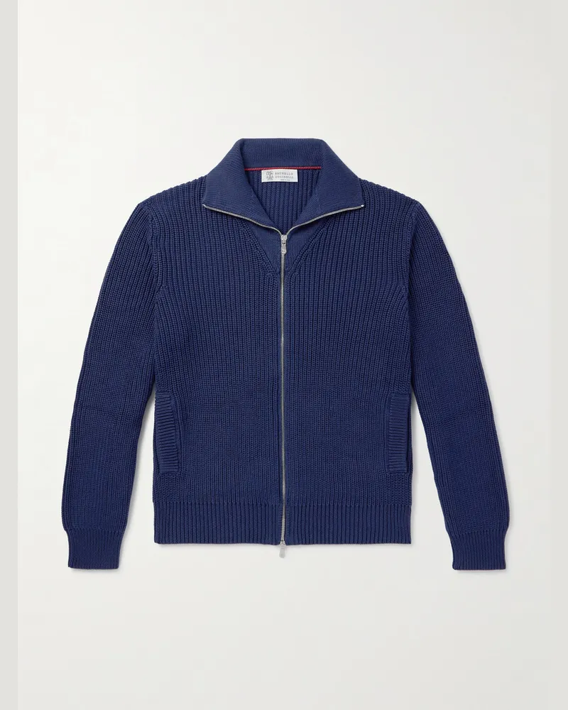 Brunello Cucinelli Cardigan aus Baumwolle in Rippstrick mit Reißverschluss Blau