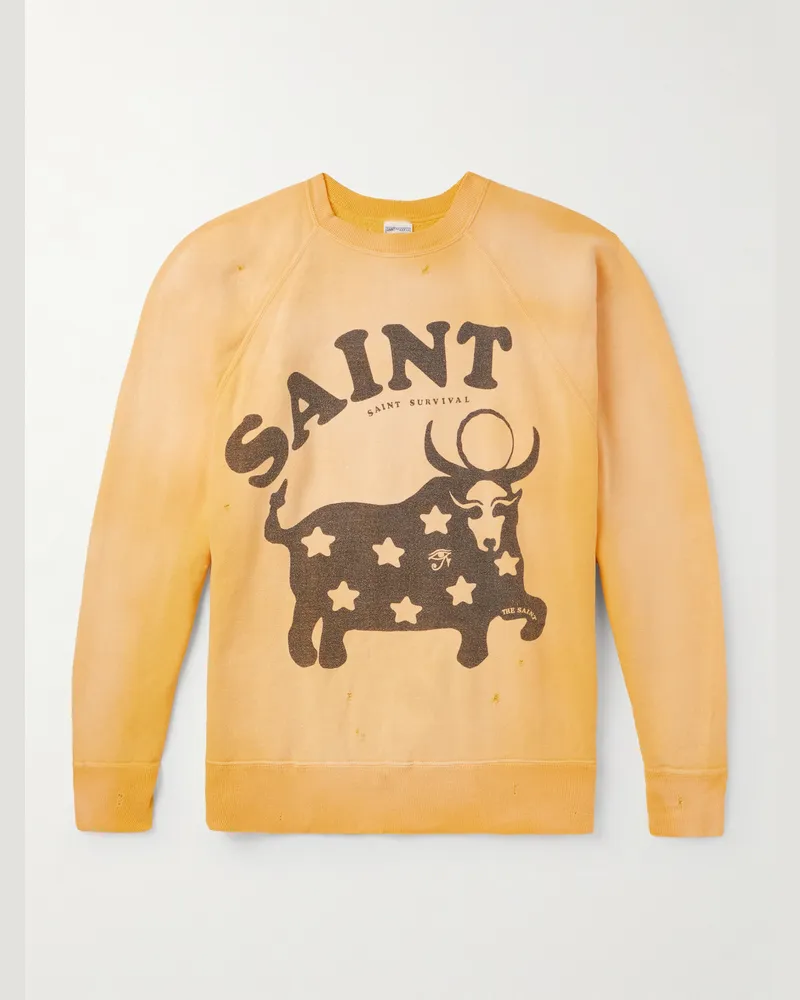 SAINT MXXXXXX Distressed Printed Cotton-Jersey Sweatshirt Yellow